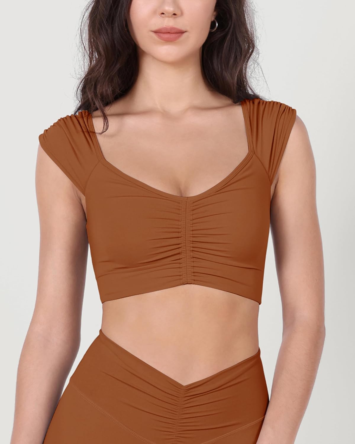 ODODOS Ruched Front Crop Tank for Women VNeck Cut Out Back Cap Sleeve Cropped TopsCaramel