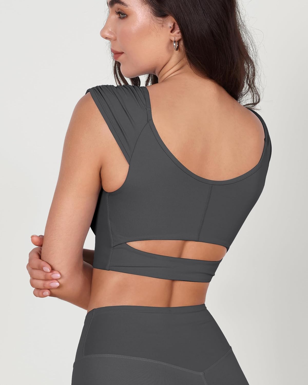 ODODOS Ruched Front Crop Tank for Women VNeck Cut Out Back Cap Sleeve Cropped TopsCharcoal
