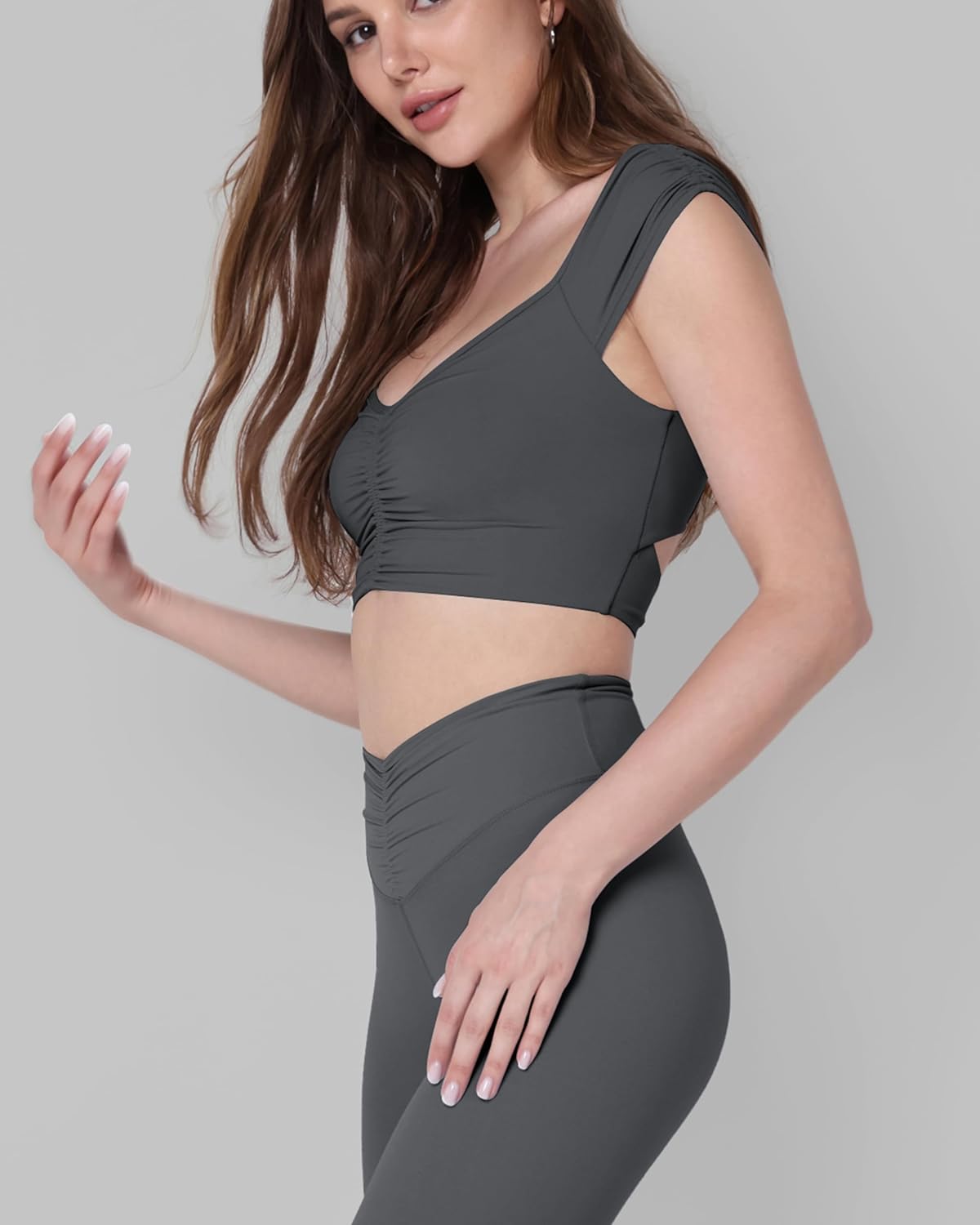 ODODOS Ruched Front Crop Tank for Women VNeck Cut Out Back Cap Sleeve Cropped TopsCharcoal