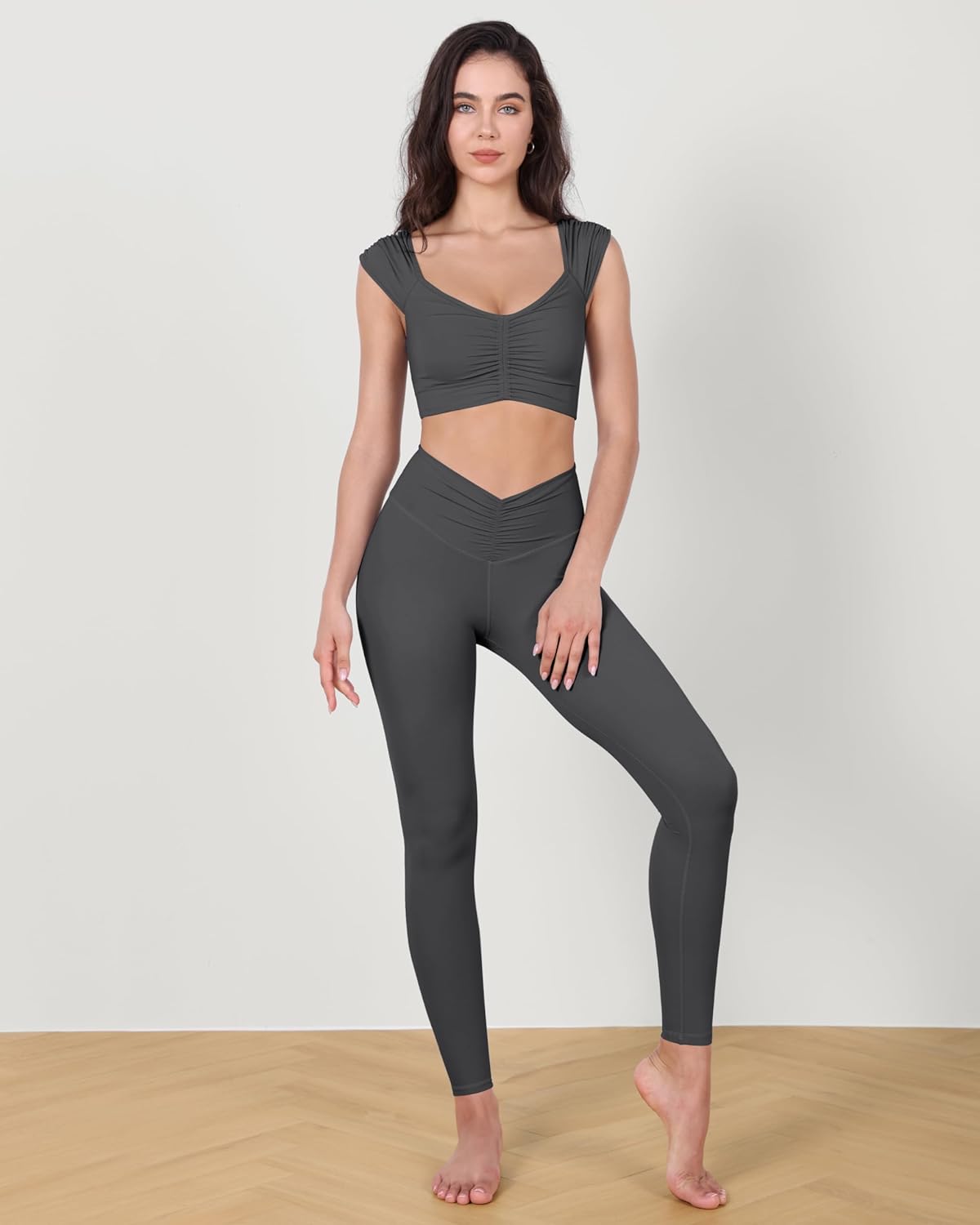 ODODOS Ruched Front Crop Tank for Women VNeck Cut Out Back Cap Sleeve Cropped TopsCharcoal