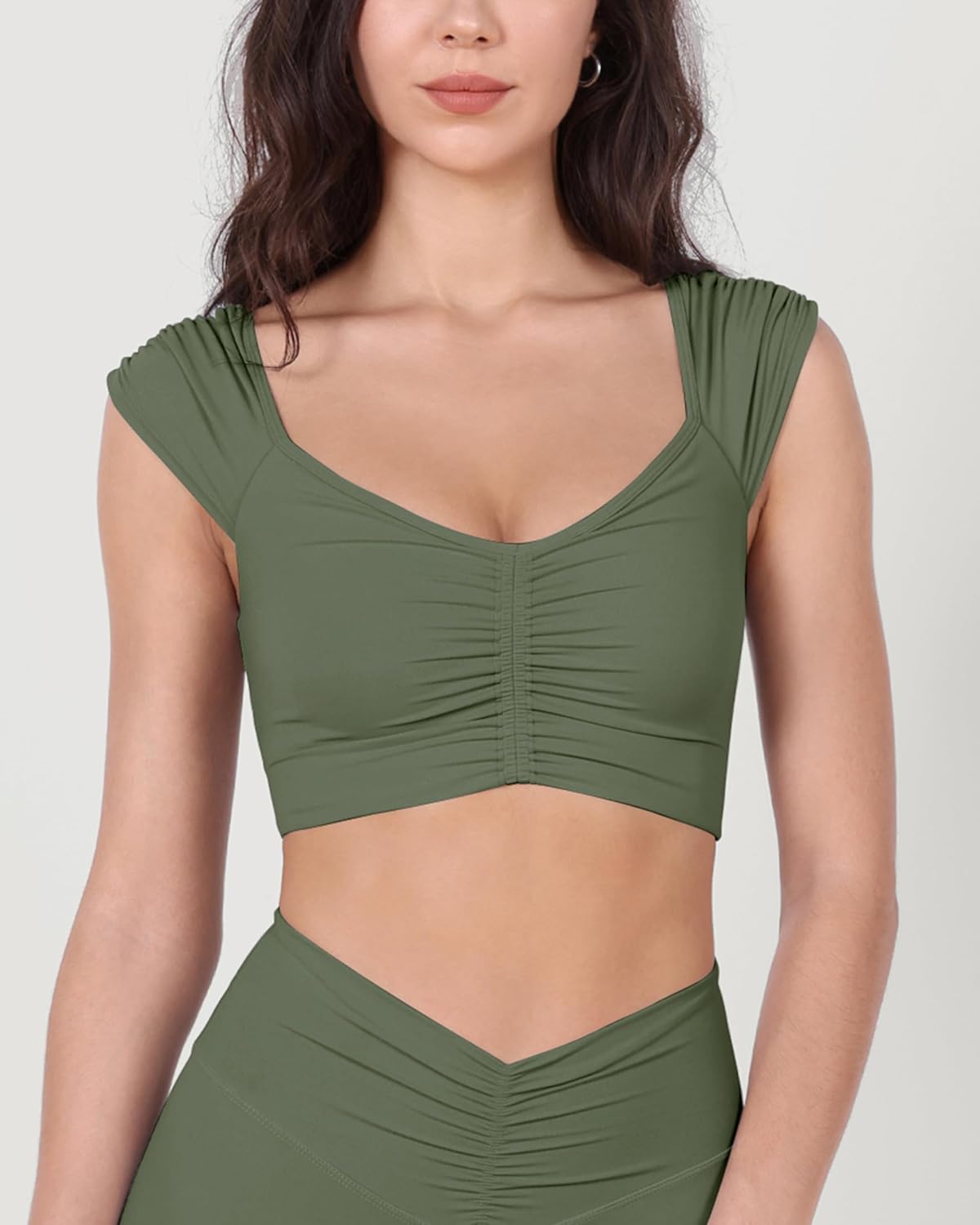 ODODOS Ruched Front Crop Tank for Women VNeck Cut Out Back Cap Sleeve Cropped TopsDark Olive