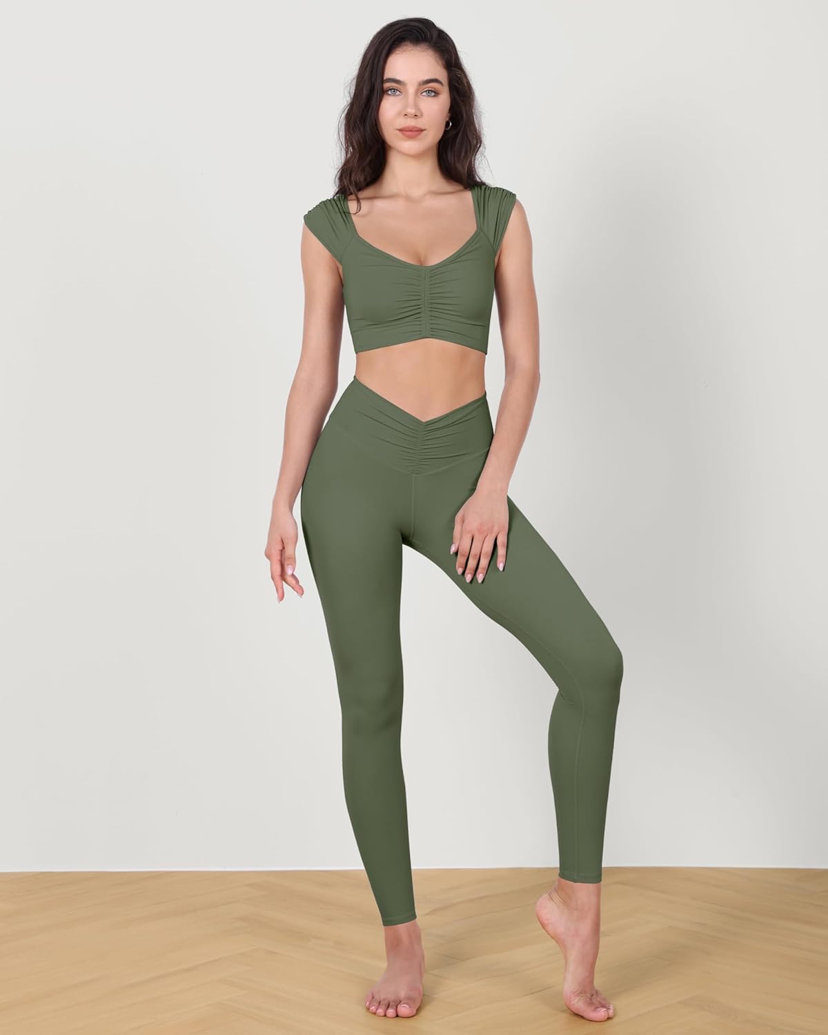 ODODOS Ruched Front Crop Tank for Women VNeck Cut Out Back Cap Sleeve Cropped TopsDark Olive
