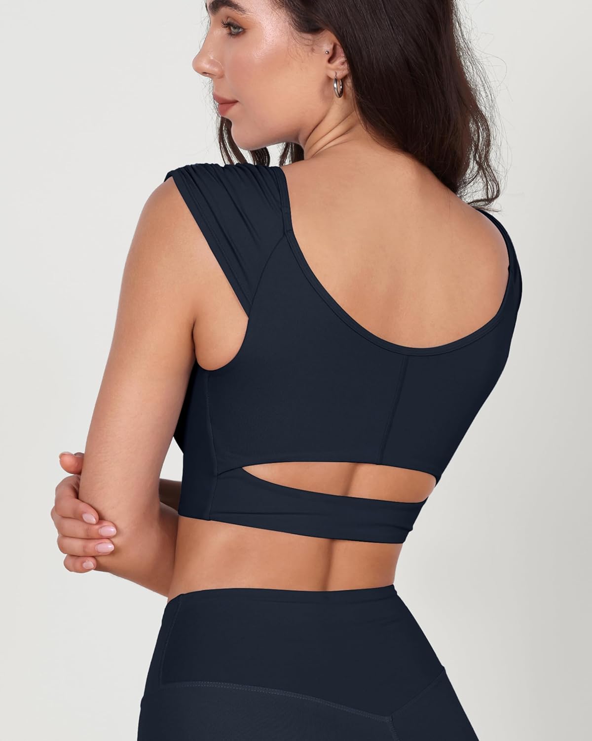 ODODOS Ruched Front Crop Tank for Women VNeck Cut Out Back Cap Sleeve Cropped TopsDeep Navy