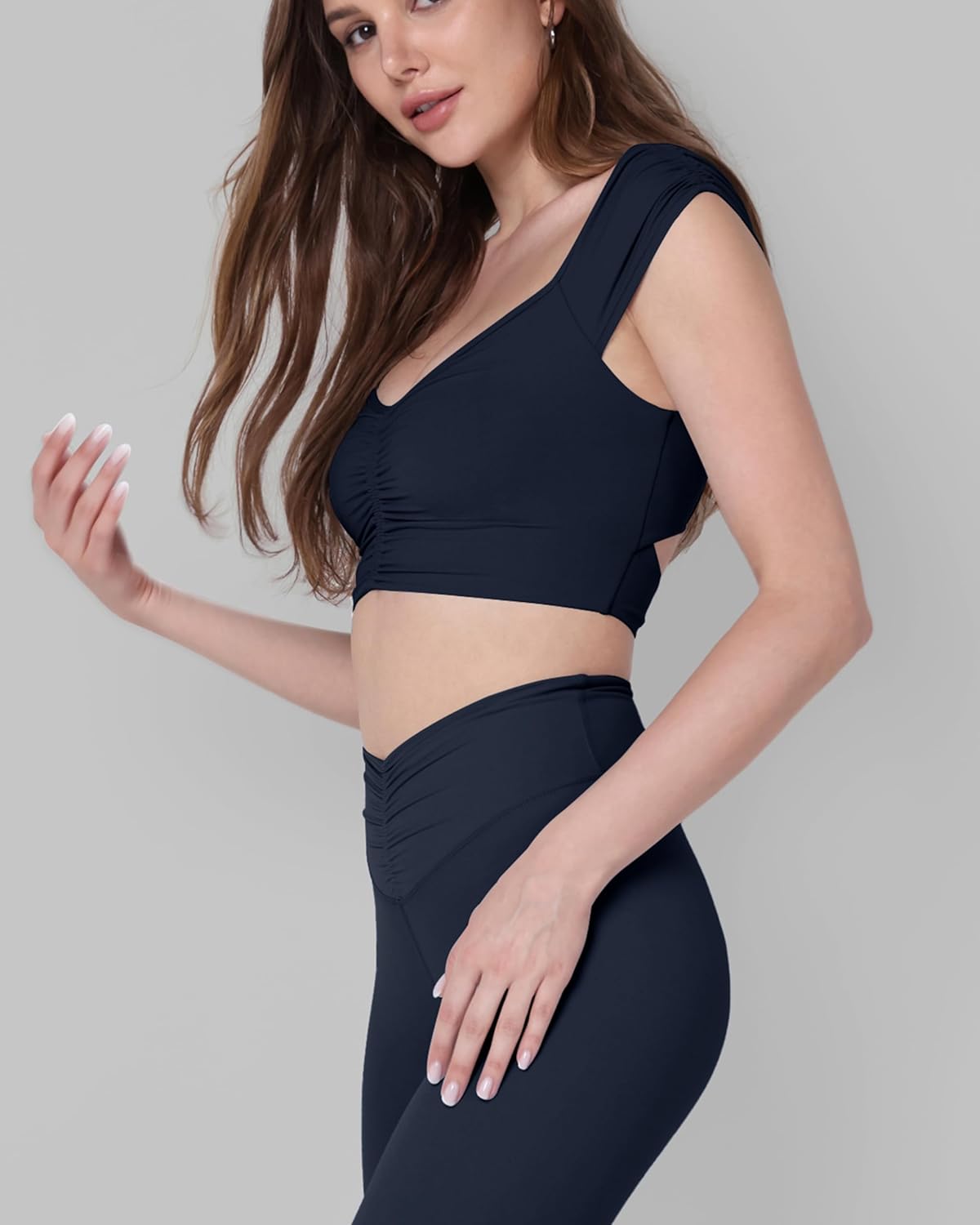 ODODOS Ruched Front Crop Tank for Women VNeck Cut Out Back Cap Sleeve Cropped TopsDeep Navy