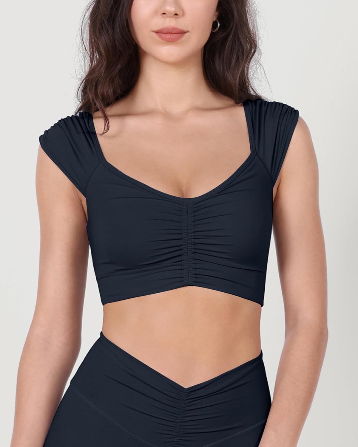 ODODOS Ruched Front Crop Tank for Women VNeck Cut Out Back Cap Sleeve Cropped TopsDeep Navy