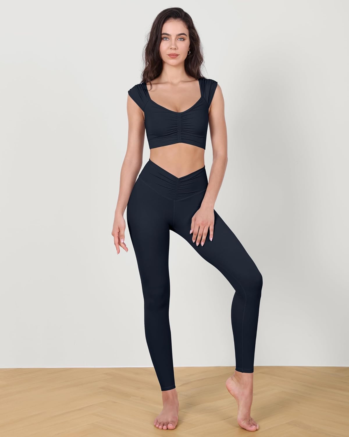 ODODOS Ruched Front Crop Tank for Women VNeck Cut Out Back Cap Sleeve Cropped TopsDeep Navy