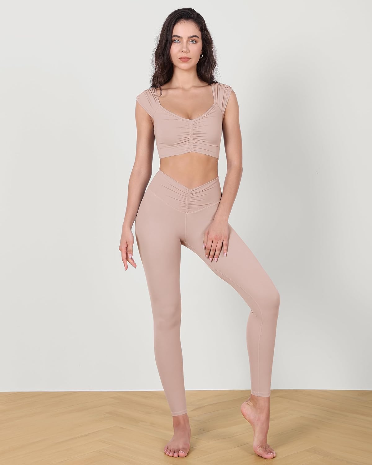 ODODOS Ruched Front Crop Tank for Women VNeck Cut Out Back Cap Sleeve Cropped TopsDusty Pink