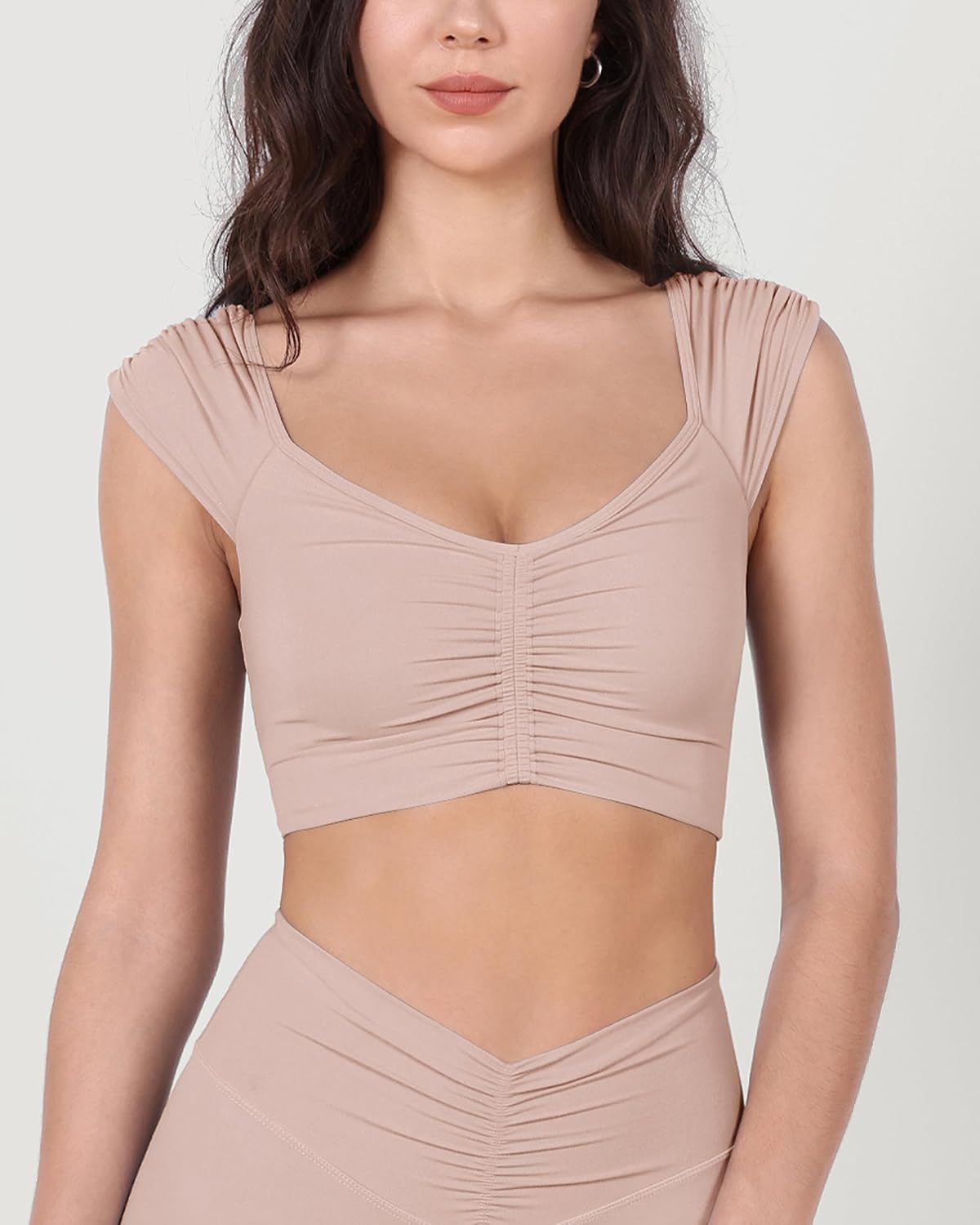 ODODOS Ruched Front Crop Tank for Women VNeck Cut Out Back Cap Sleeve Cropped TopsDusty Pink