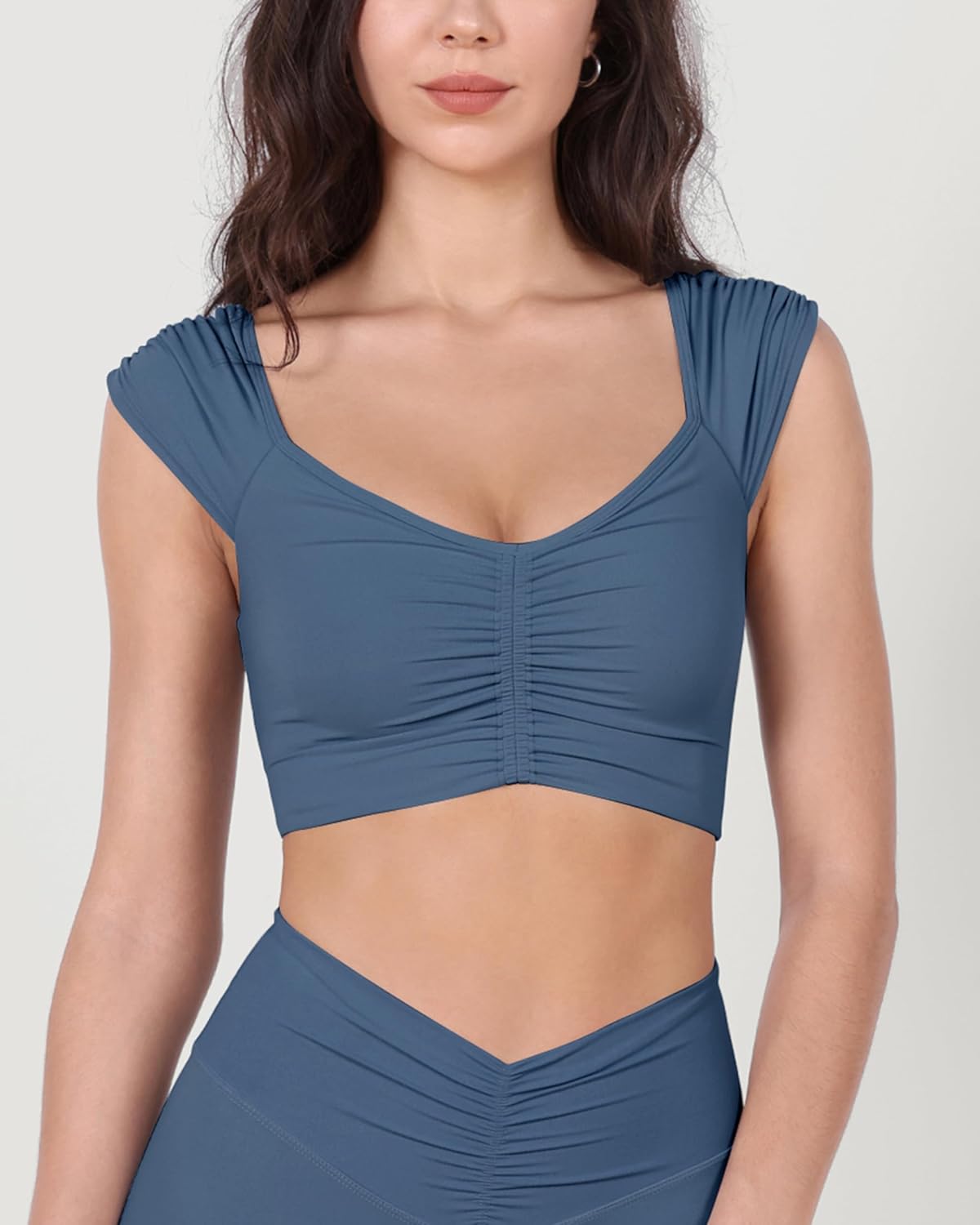 ODODOS Ruched Front Crop Tank for Women VNeck Cut Out Back Cap Sleeve Cropped TopsInk Blue