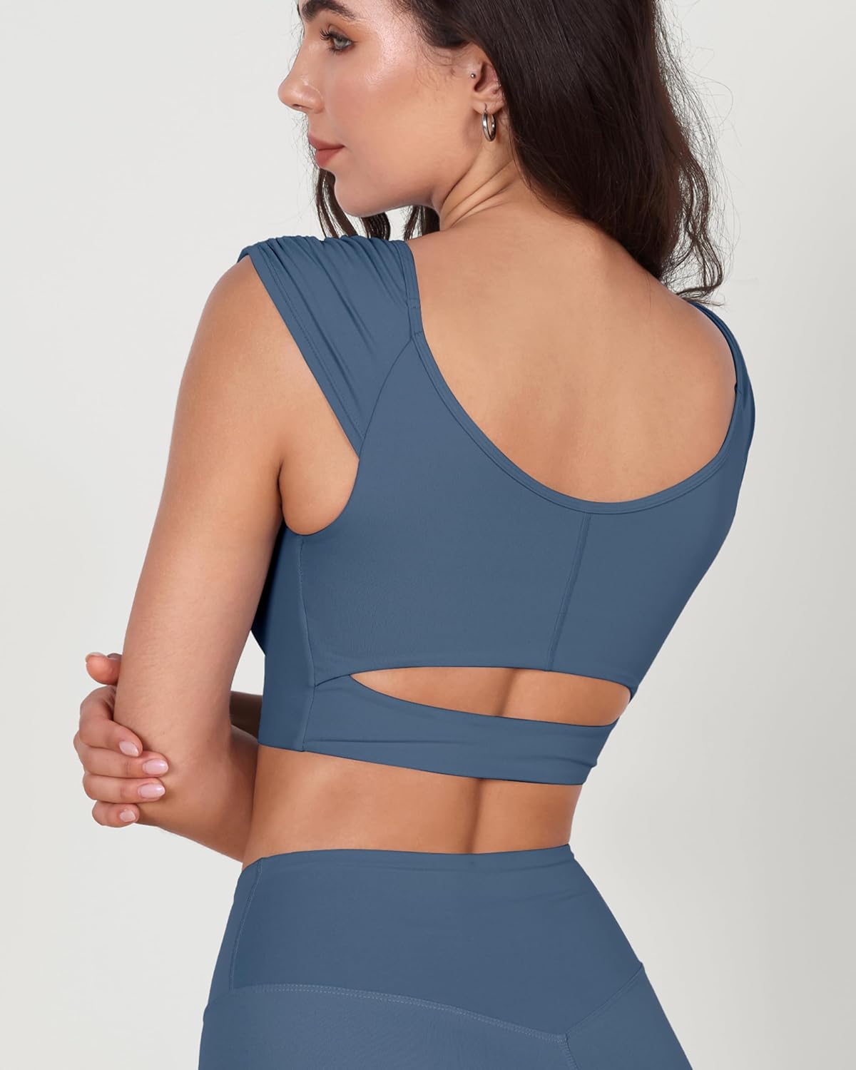 ODODOS Ruched Front Crop Tank for Women VNeck Cut Out Back Cap Sleeve Cropped TopsInk Blue