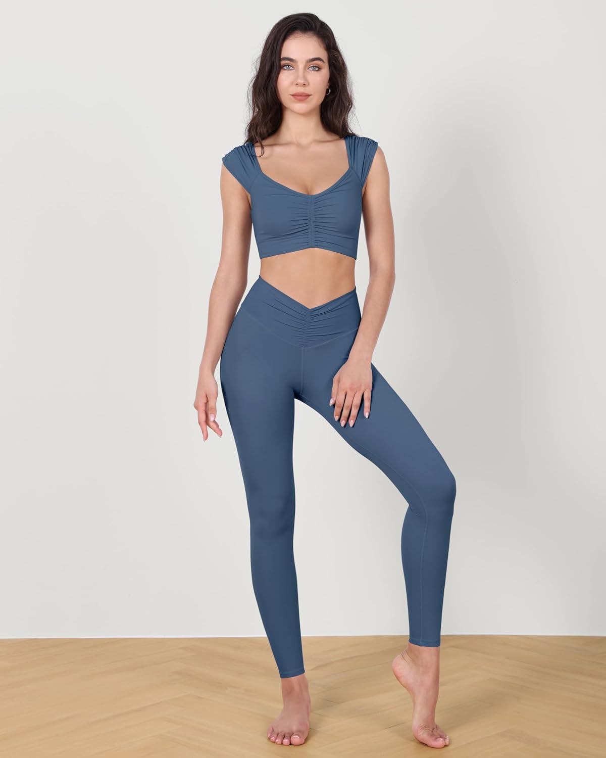 ODODOS Ruched Front Crop Tank for Women VNeck Cut Out Back Cap Sleeve Cropped TopsInk Blue
