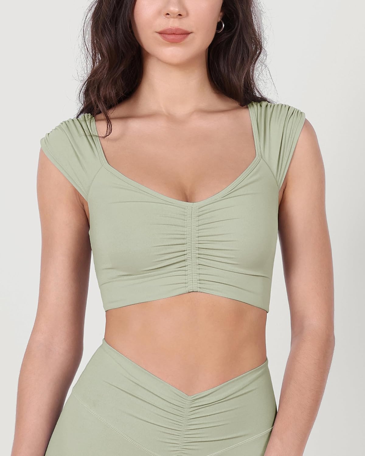 ODODOS Ruched Front Crop Tank for Women VNeck Cut Out Back Cap Sleeve Cropped TopsLime Stone