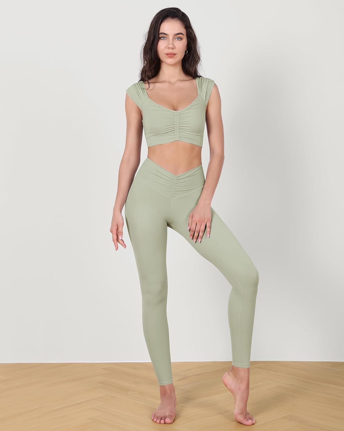 ODODOS Ruched Front Crop Tank for Women VNeck Cut Out Back Cap Sleeve Cropped TopsLime Stone