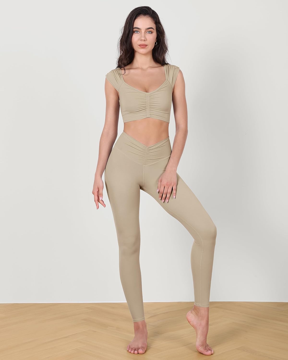 ODODOS Ruched Front Crop Tank for Women VNeck Cut Out Back Cap Sleeve Cropped TopsShaker Beige