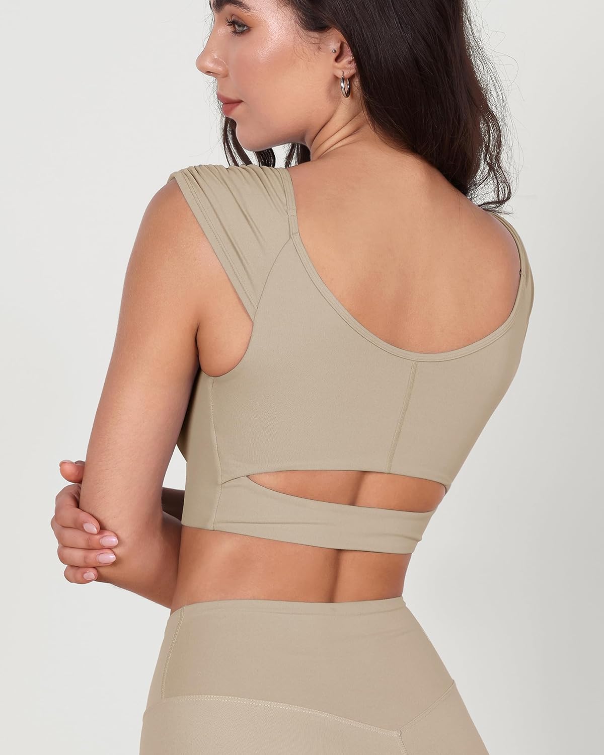 ODODOS Ruched Front Crop Tank for Women VNeck Cut Out Back Cap Sleeve Cropped TopsShaker Beige