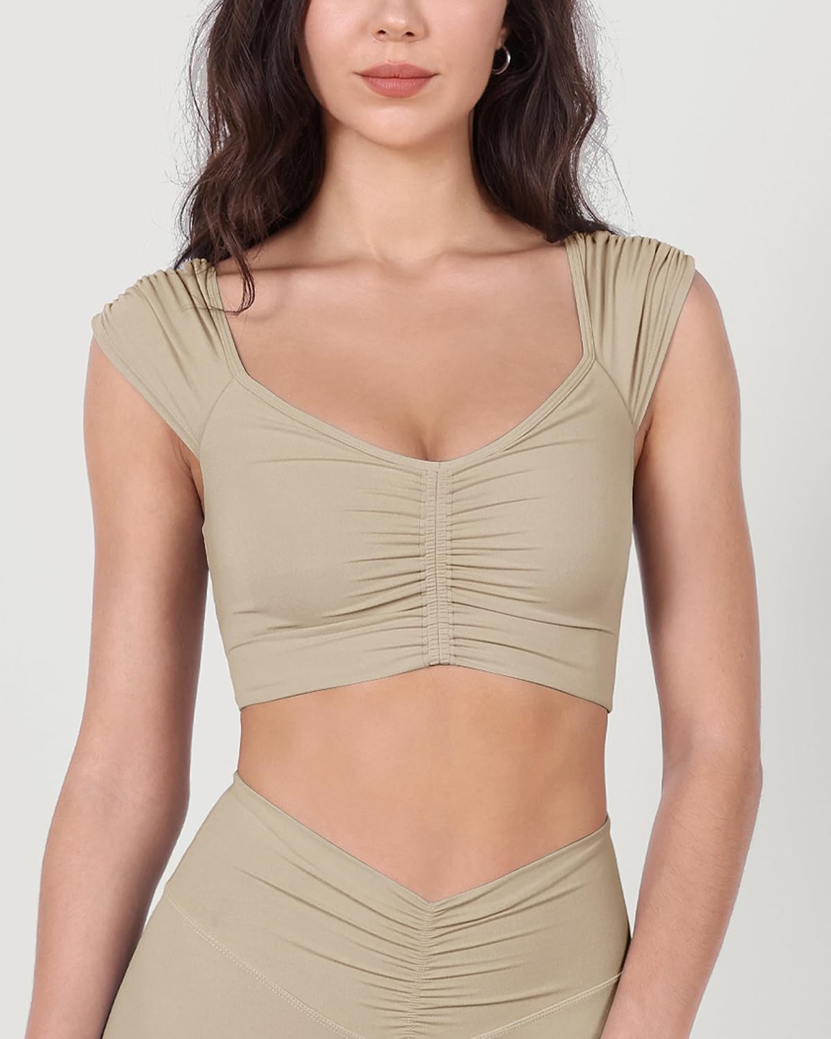 ODODOS Ruched Front Crop Tank for Women VNeck Cut Out Back Cap Sleeve Cropped TopsShaker Beige