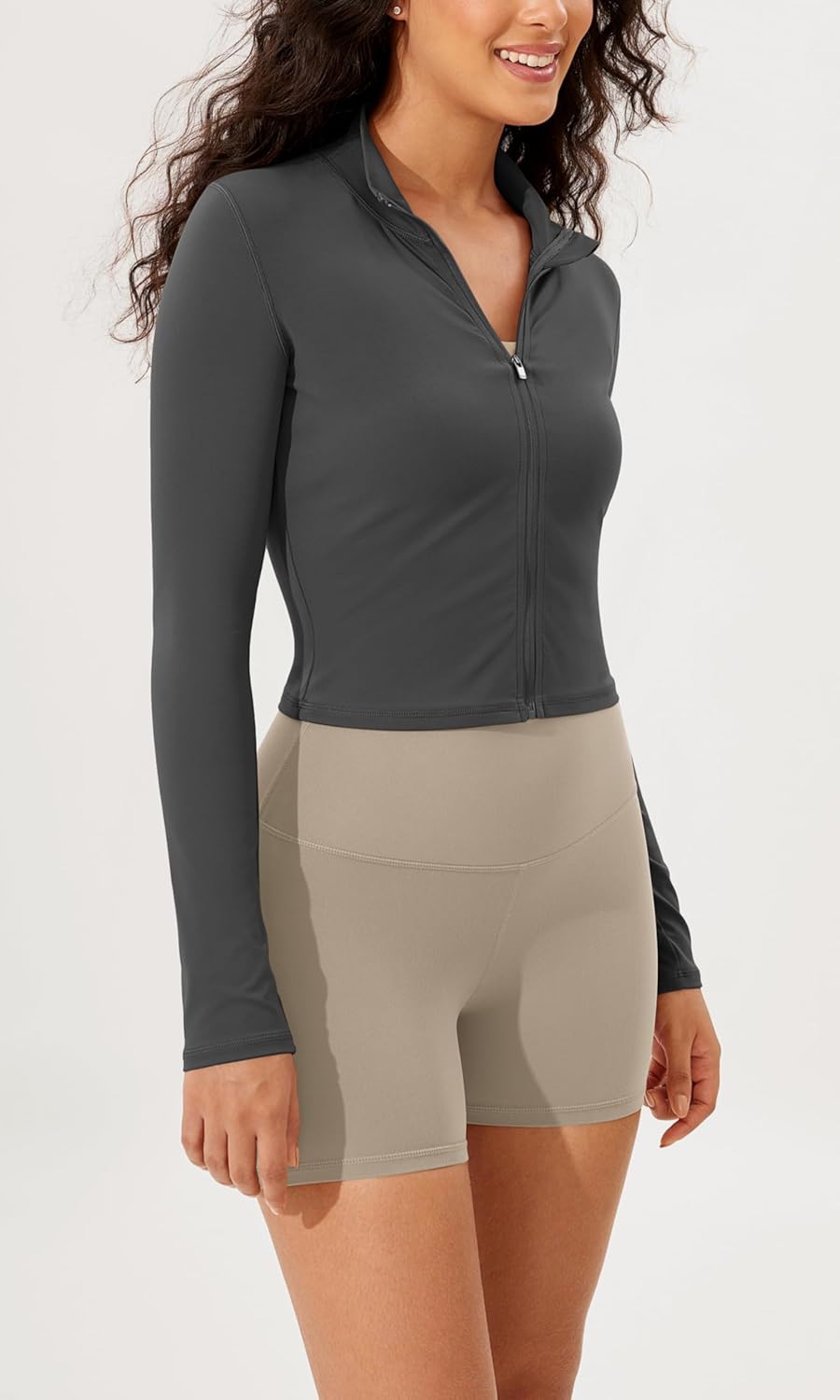 ODODOS Womens Cloud Feeling Athletic Jacket Full Zip Mock Neck Long Sleeve Lightweight Workout Cropped TopCharcoal