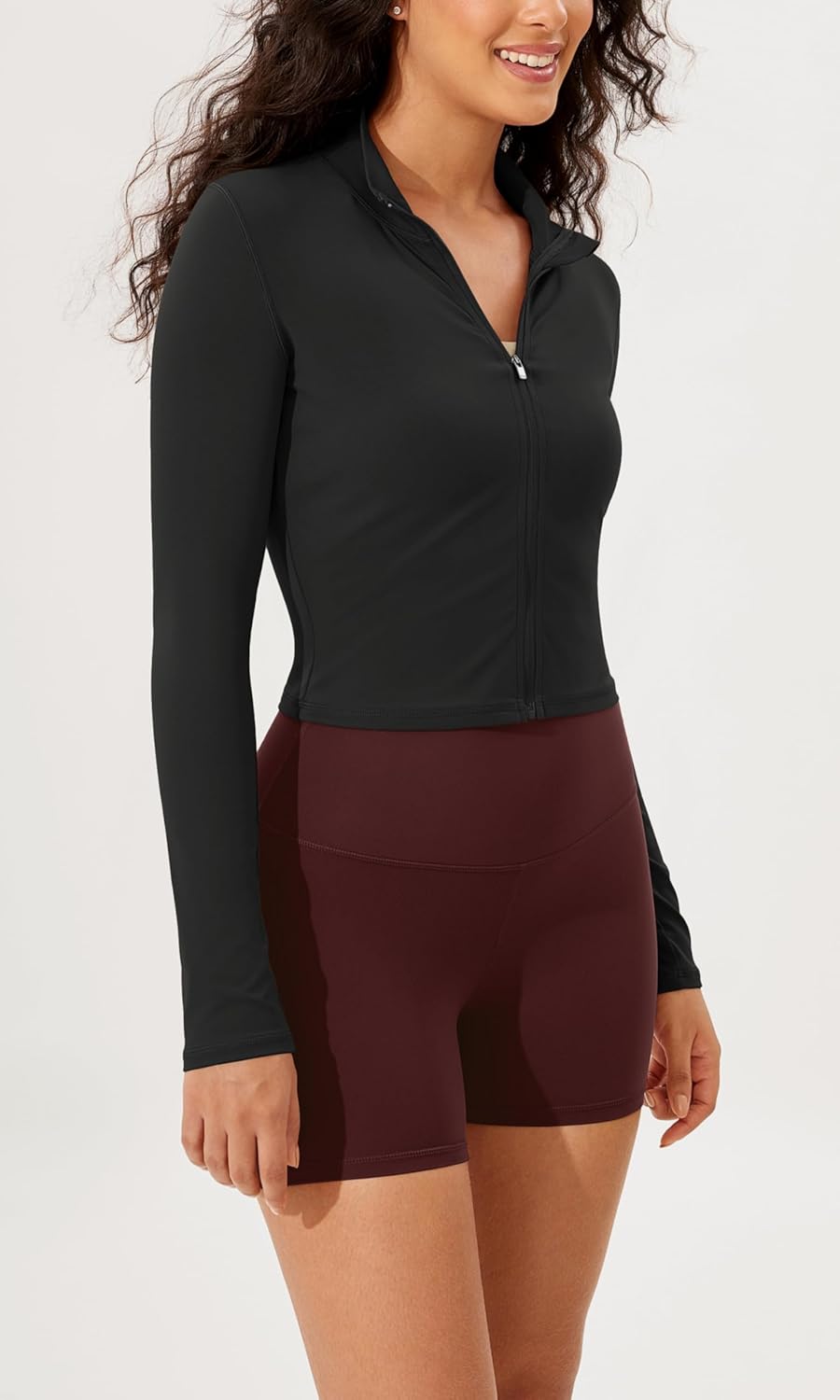 ODODOS Womens Cloud Feeling Athletic Jacket Full Zip Mock Neck Long Sleeve Lightweight Workout Cropped TopOnyx Black Grey