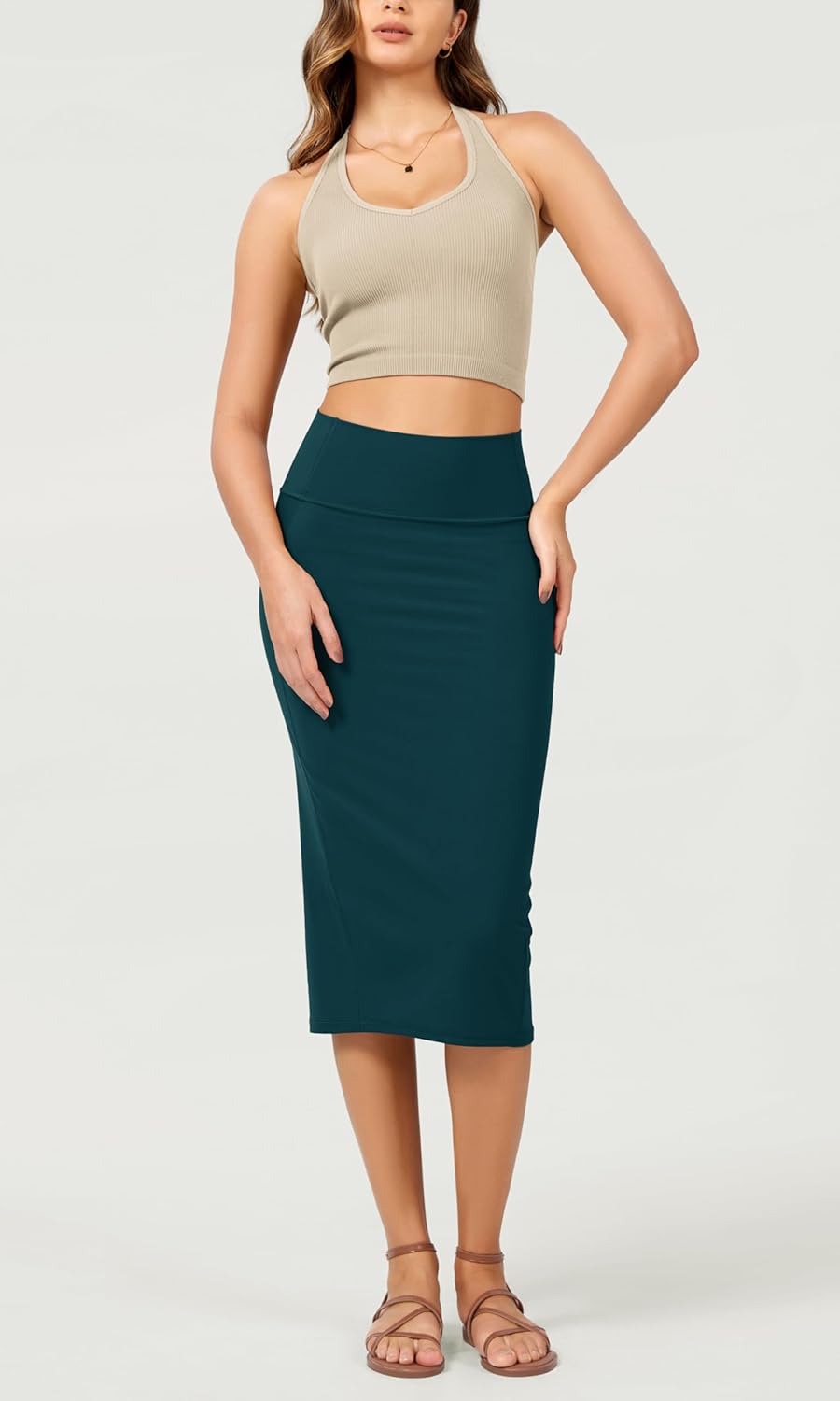 ODODOS Womens Cloud Feeling Midi Skirt High Waist Back Slit Bodycon SlimFit Pencil SkirtsForest Teal