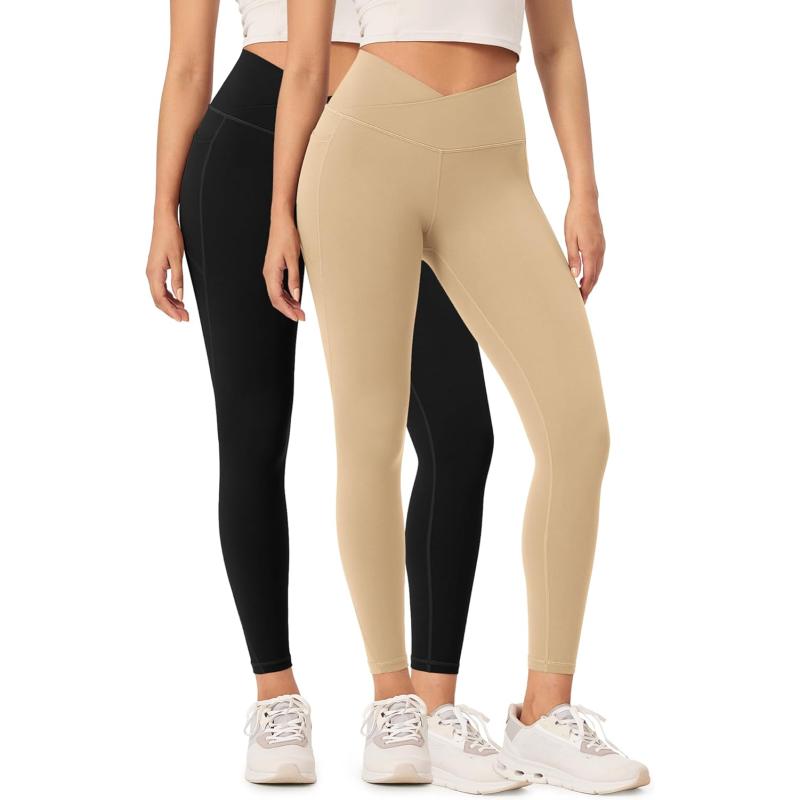 ODODOS 2 Pack Buttery Soft Cross Waist Leggings with Pockets for Women ODCLOUD 25quot  28quot Crossover Lounge Yoga PantsBlackbeige