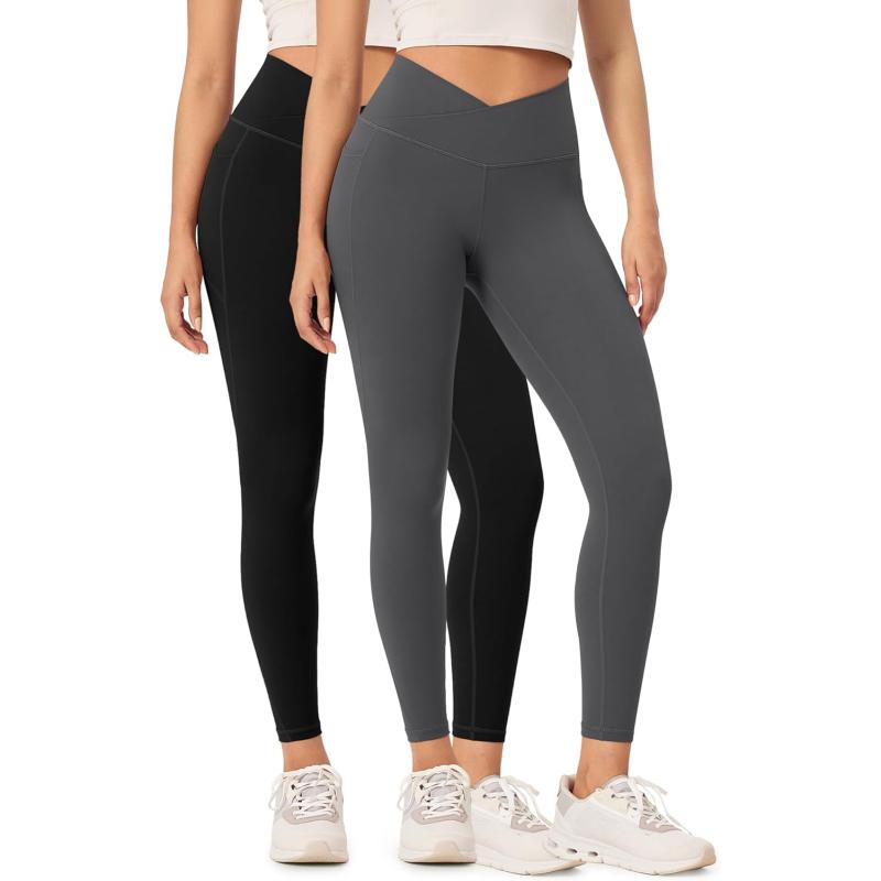ODODOS 2 Pack Buttery Soft Cross Waist Leggings with Pockets for Women ODCLOUD 25quot  28quot Crossover Lounge Yoga PantsBlackcharcoal