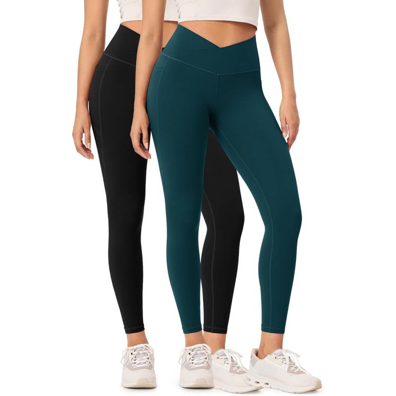 ODODOS 2 Pack Buttery Soft Cross Waist Leggings with Pockets for Women ODCLOUD 25quot  28quot Crossover Lounge Yoga PantsBlackforest Teal