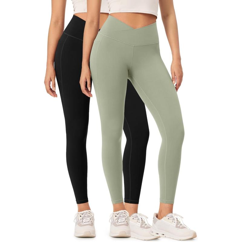 ODODOS 2 Pack Buttery Soft Cross Waist Leggings with Pockets for Women ODCLOUD 25quot  28quot Crossover Lounge Yoga PantsBlacklime Stone