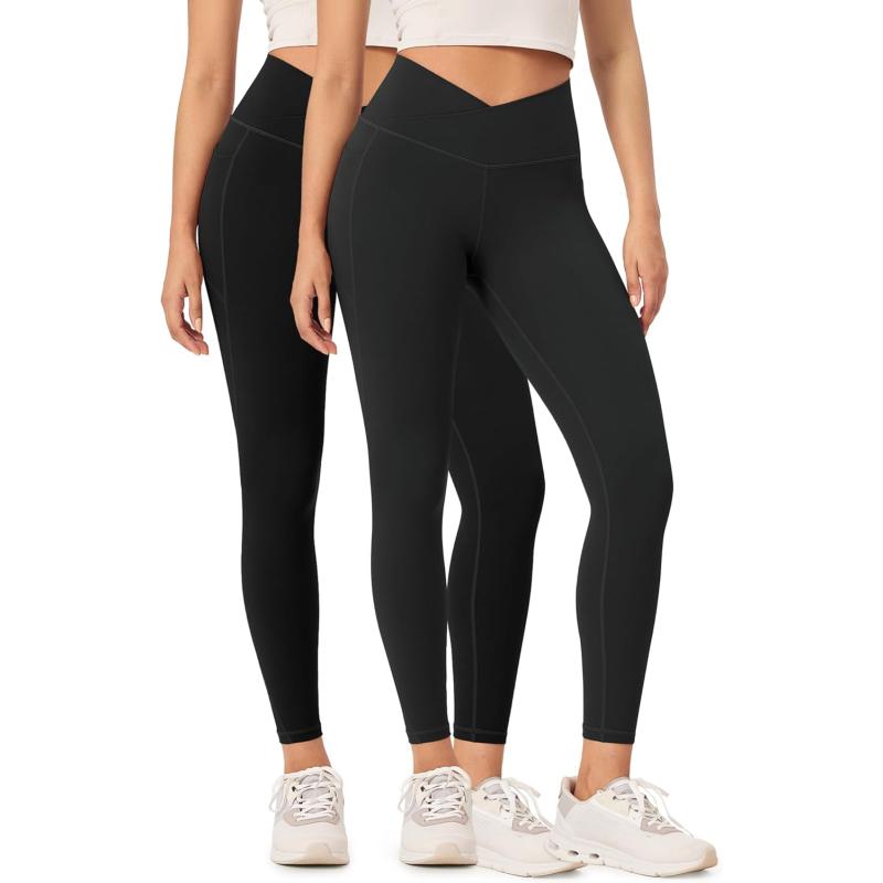 ODODOS 2 Pack Buttery Soft Cross Waist Leggings with Pockets for Women ODCLOUD 25quot  28quot Crossover Lounge Yoga PantsBlackonyx Black Grey