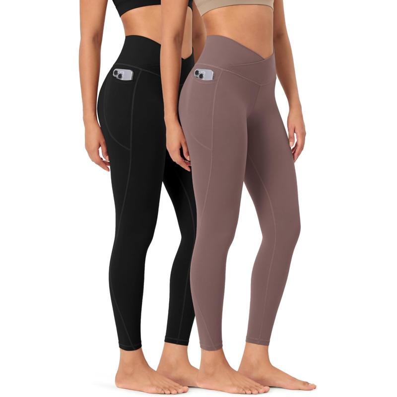 ODODOS 2 Pack Buttery Soft Cross Waist Leggings with Pockets for Women ODCLOUD 25quot  28quot Crossover Lounge Yoga PantsBlackpurple Taupe
