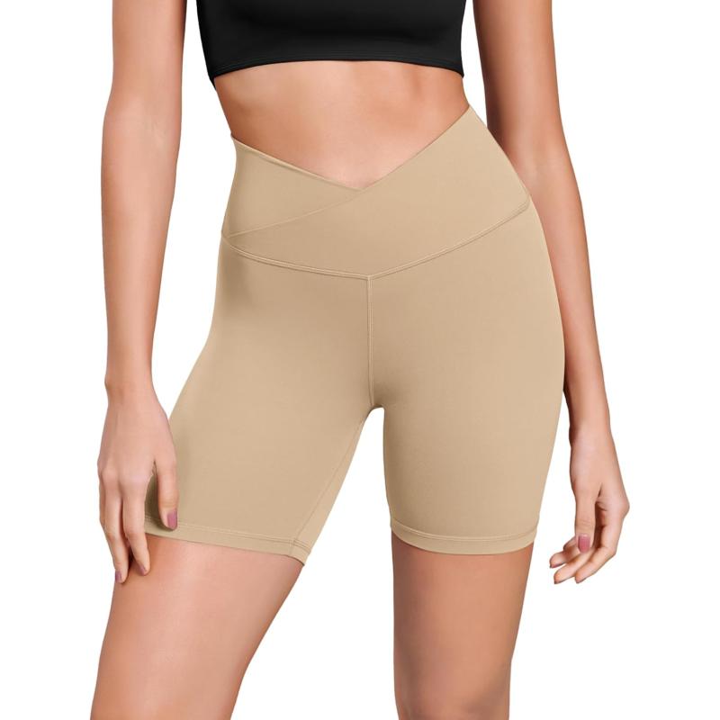 ODODOS Cloud Feeling Cross Waist Yoga Shorts for Women 6quot Crossover High Waist Lounge Biker ShortsBeige