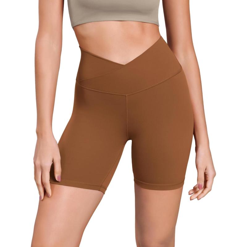 ODODOS Cloud Feeling Cross Waist Yoga Shorts for Women 6quot Crossover High Waist Lounge Biker ShortsCaramel