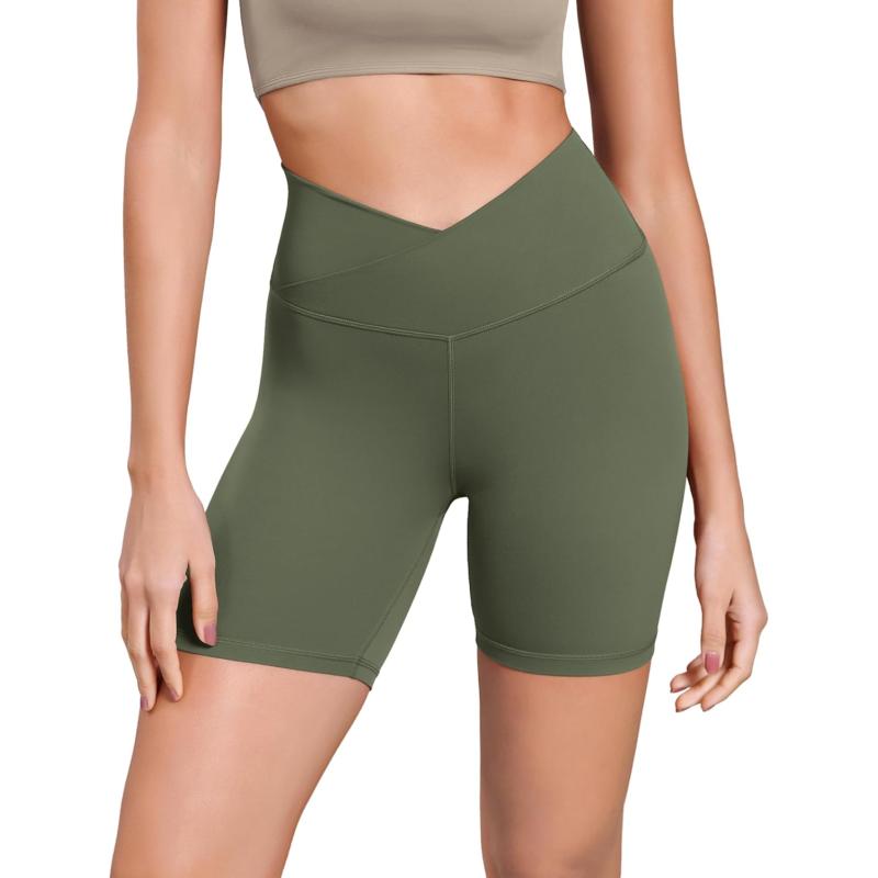 ODODOS Cloud Feeling Cross Waist Yoga Shorts for Women 6quot Crossover High Waist Lounge Biker ShortsDark Olive