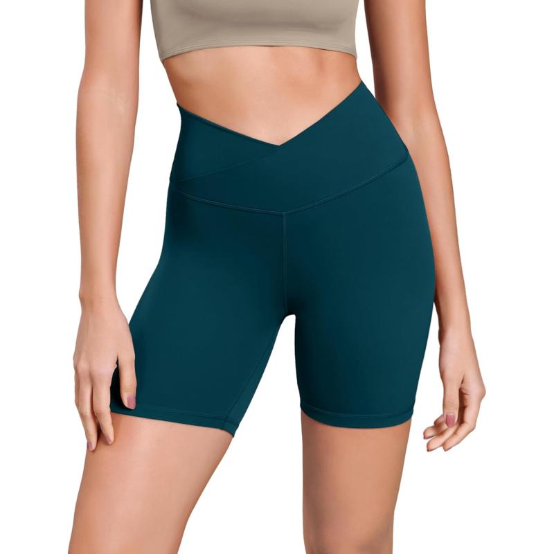 ODODOS Cloud Feeling Cross Waist Yoga Shorts for Women 6quot Crossover High Waist Lounge Biker ShortsForest Teal