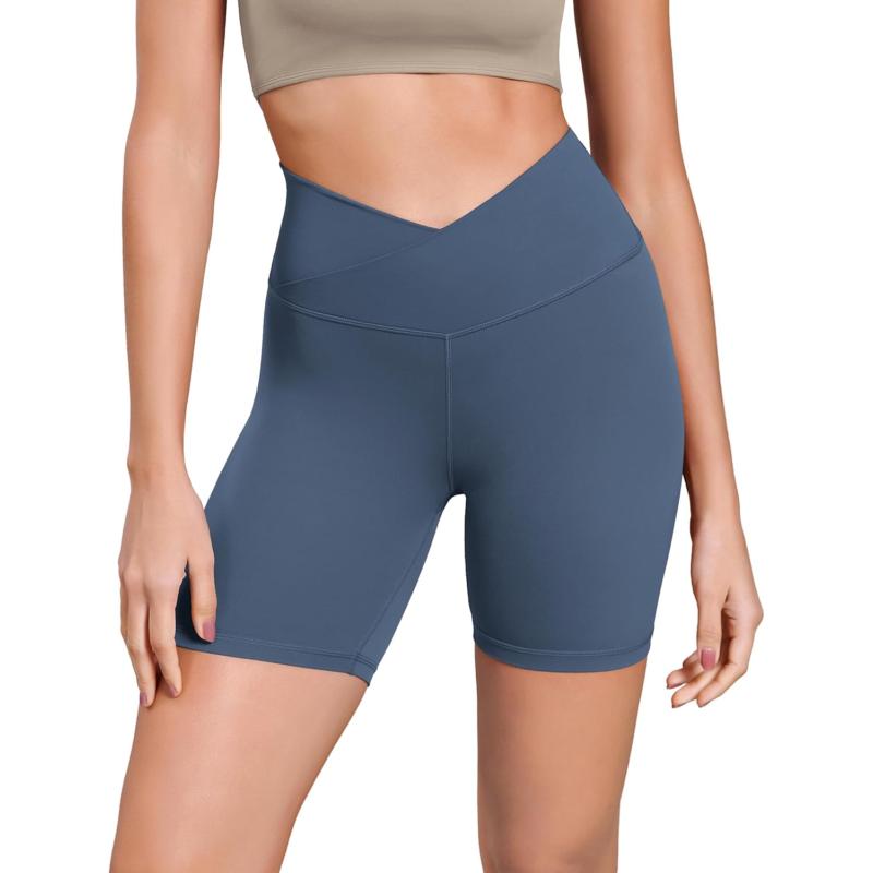 ODODOS Cloud Feeling Cross Waist Yoga Shorts for Women 6quot Crossover High Waist Lounge Biker ShortsInk Blue
