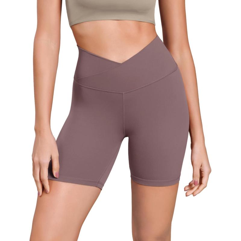 ODODOS Cloud Feeling Cross Waist Yoga Shorts for Women 6quot Crossover High Waist Lounge Biker ShortsPurple Taupe