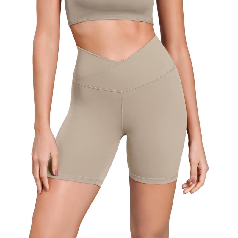 ODODOS Cloud Feeling Cross Waist Yoga Shorts for Women 6quot Crossover High Waist Lounge Biker ShortsShaker Beige
