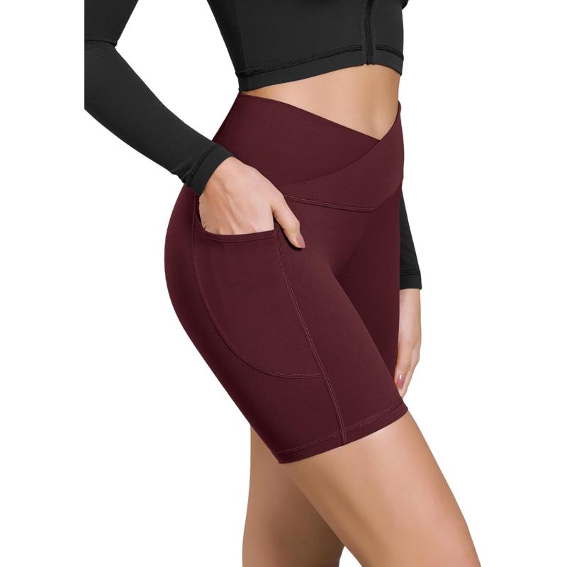 ODODOS Cloud Feeling Cross Waist Yoga Shorts with Pockets for Women 6quot Crossover High Waist Lounge Biker ShortsBurgundy