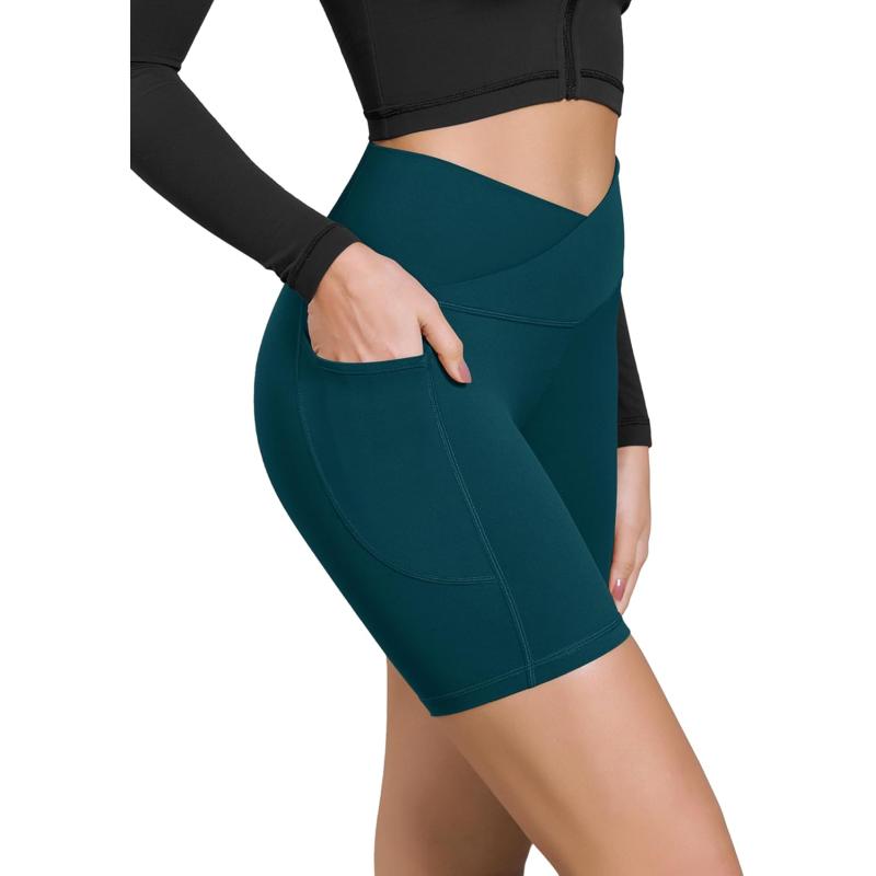 ODODOS Cloud Feeling Cross Waist Yoga Shorts with Pockets for Women 6quot Crossover High Waist Lounge Biker ShortsForest Teal