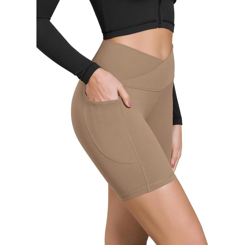 ODODOS Cloud Feeling Cross Waist Yoga Shorts with Pockets for Women 6quot Crossover High Waist Lounge Biker ShortsLight Brown
