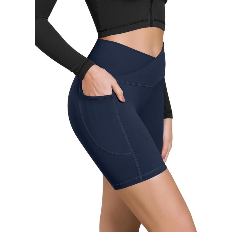 ODODOS Cloud Feeling Cross Waist Yoga Shorts with Pockets for Women 6quot Crossover High Waist Lounge Biker ShortsNavy