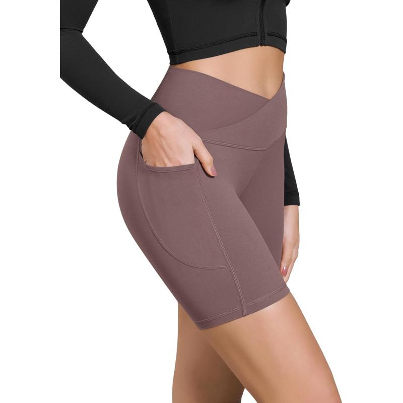 ODODOS Cloud Feeling Cross Waist Yoga Shorts with Pockets for Women 6quot Crossover High Waist Lounge Biker ShortsPurple Taupe