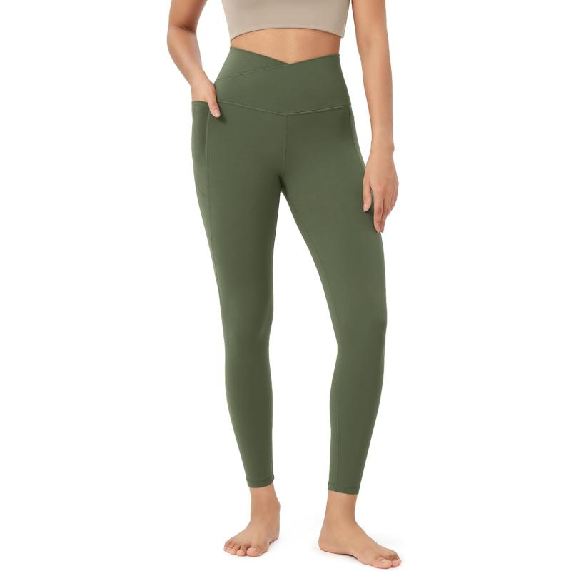 ODODOS Cloud Feeling Crossover 78 Leggings with Pockets for Women 25quot  28quot V High Wasit Lounge Yoga PantsDark Olive
