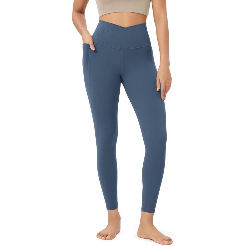 ODODOS Cloud Feeling Crossover 78 Leggings with Pockets for Women 25quot  28quot V High Wasit Lounge Yoga PantsInk Blue