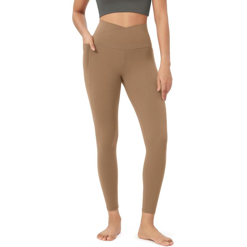 ODODOS Cloud Feeling Crossover 78 Leggings with Pockets for Women 25quot  28quot V High Wasit Lounge Yoga PantsLight Brown