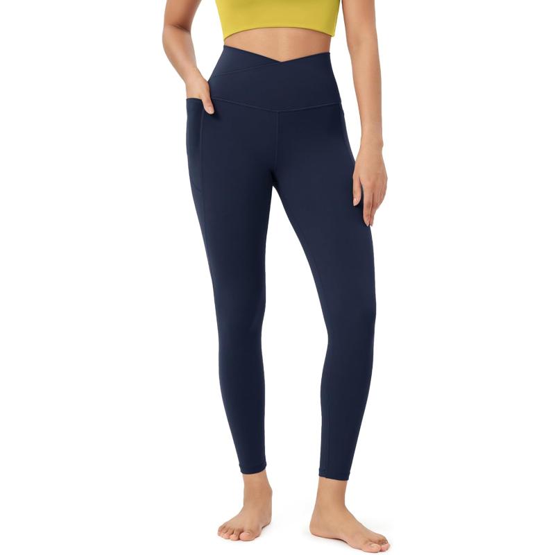 ODODOS Cloud Feeling Crossover 78 Leggings with Pockets for Women 25quot  28quot V High Wasit Lounge Yoga PantsNavy