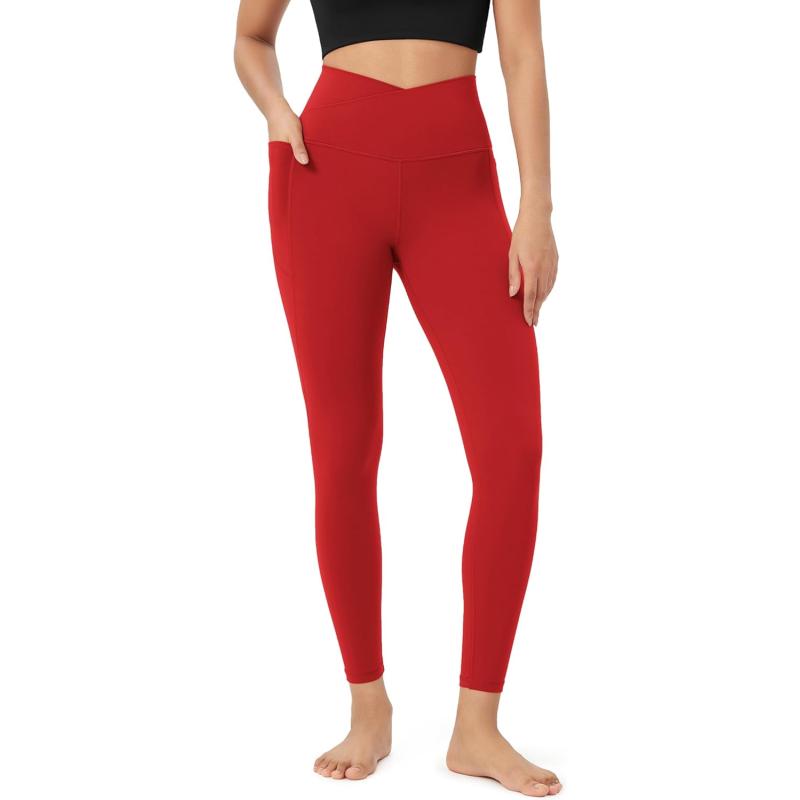 ODODOS Cloud Feeling Crossover 78 Leggings with Pockets for Women 25quot  28quot V High Wasit Lounge Yoga PantsRed