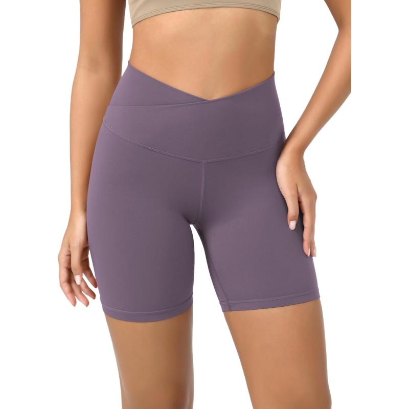 ODODOS Cloud Feeling Crossover Yoga Shorts with Back Pocket for Women 6quot  8 V High Wasit Lounge Biker ShortsAsh Violet