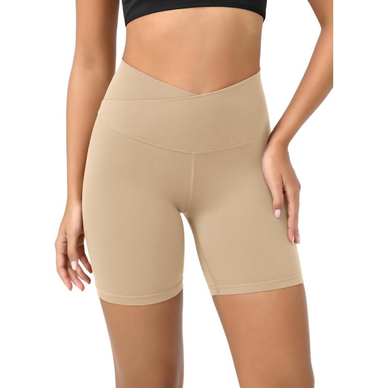 ODODOS Cloud Feeling Crossover Yoga Shorts with Back Pocket for Women 6quot  8 V High Wasit Lounge Biker ShortsBeige
