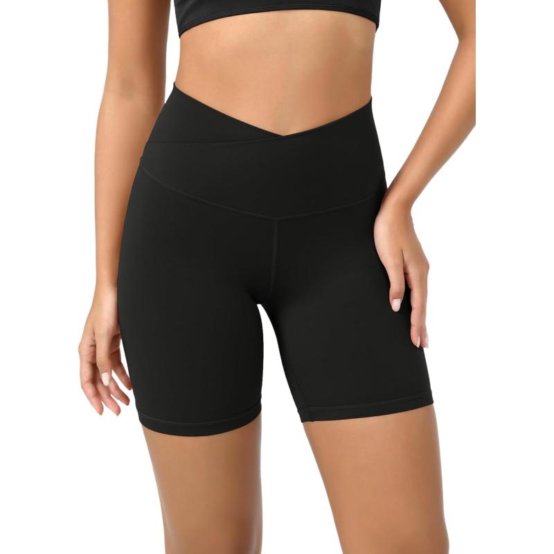 ODODOS Cloud Feeling Crossover Yoga Shorts with Back Pocket for Women 6quot  8 V High Wasit Lounge Biker ShortsBlack