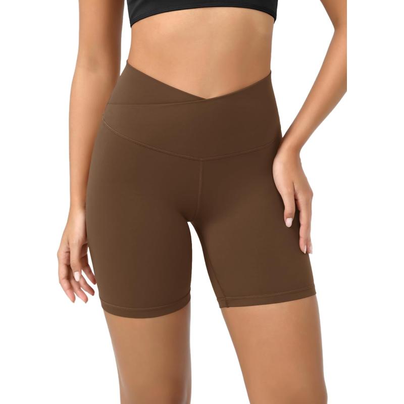 ODODOS Cloud Feeling Crossover Yoga Shorts with Back Pocket for Women 6quot  8 V High Wasit Lounge Biker ShortsBrunette